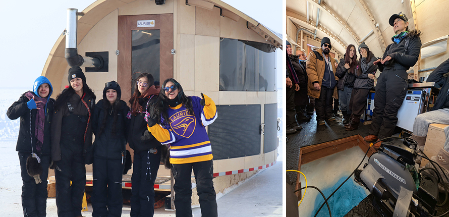 Homa Kheyrollah Pour posing with students on frozen lake